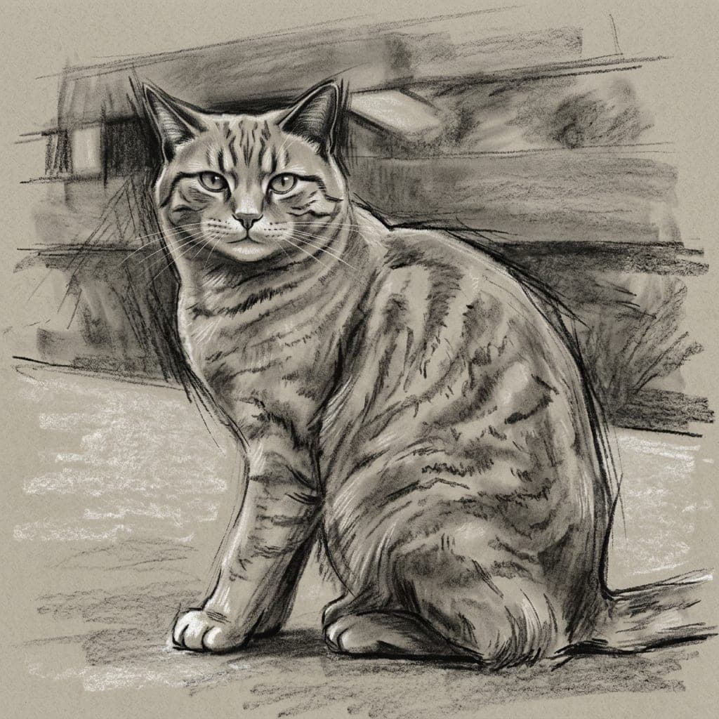 The same cat as a charcoal portrait